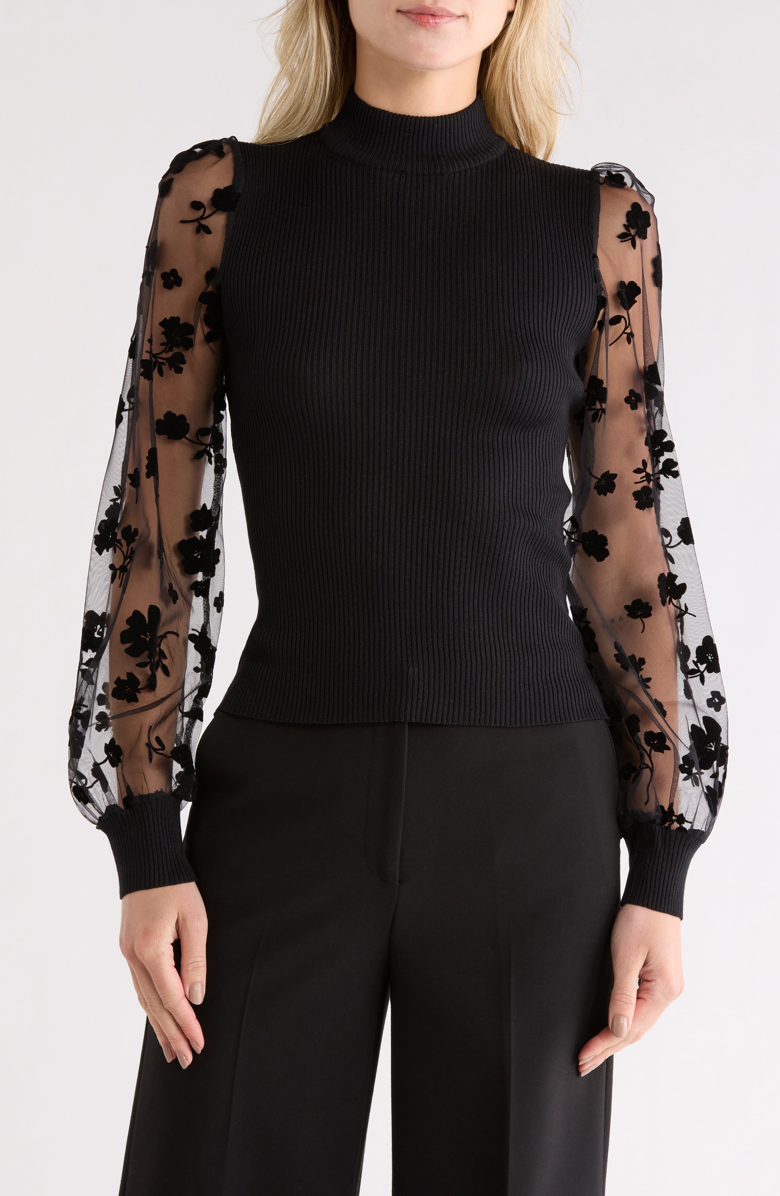 Madden Girl Flocked Flower Mesh Sleeve Sweater