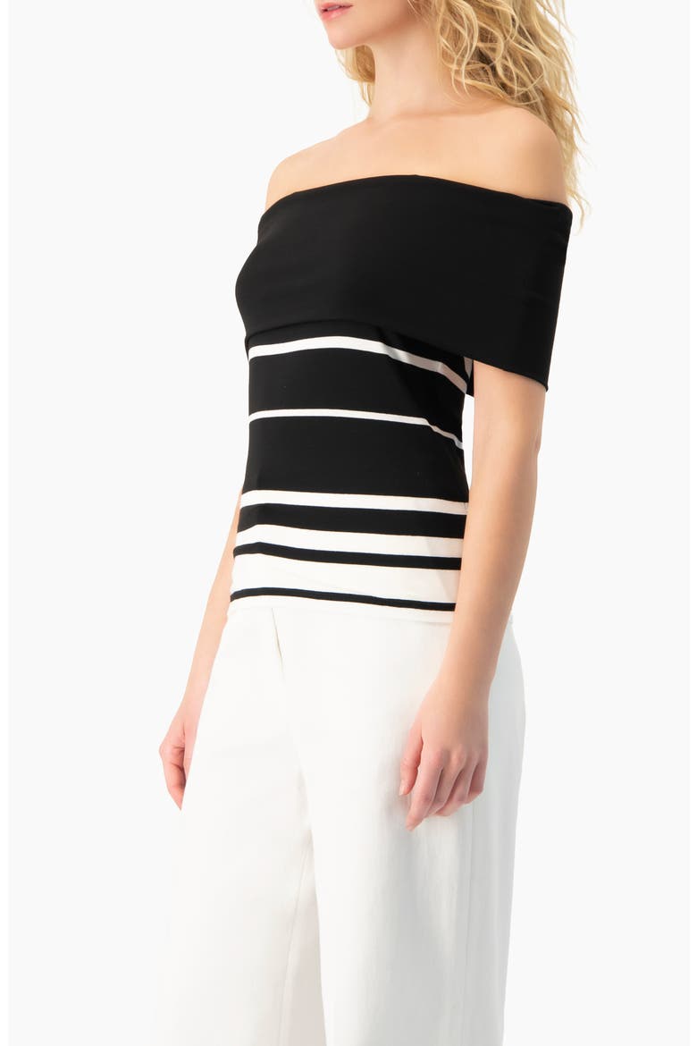 Bardot Stripe Off-Shoulder Short-Sleeve Knit Top, Alternate, color, Black