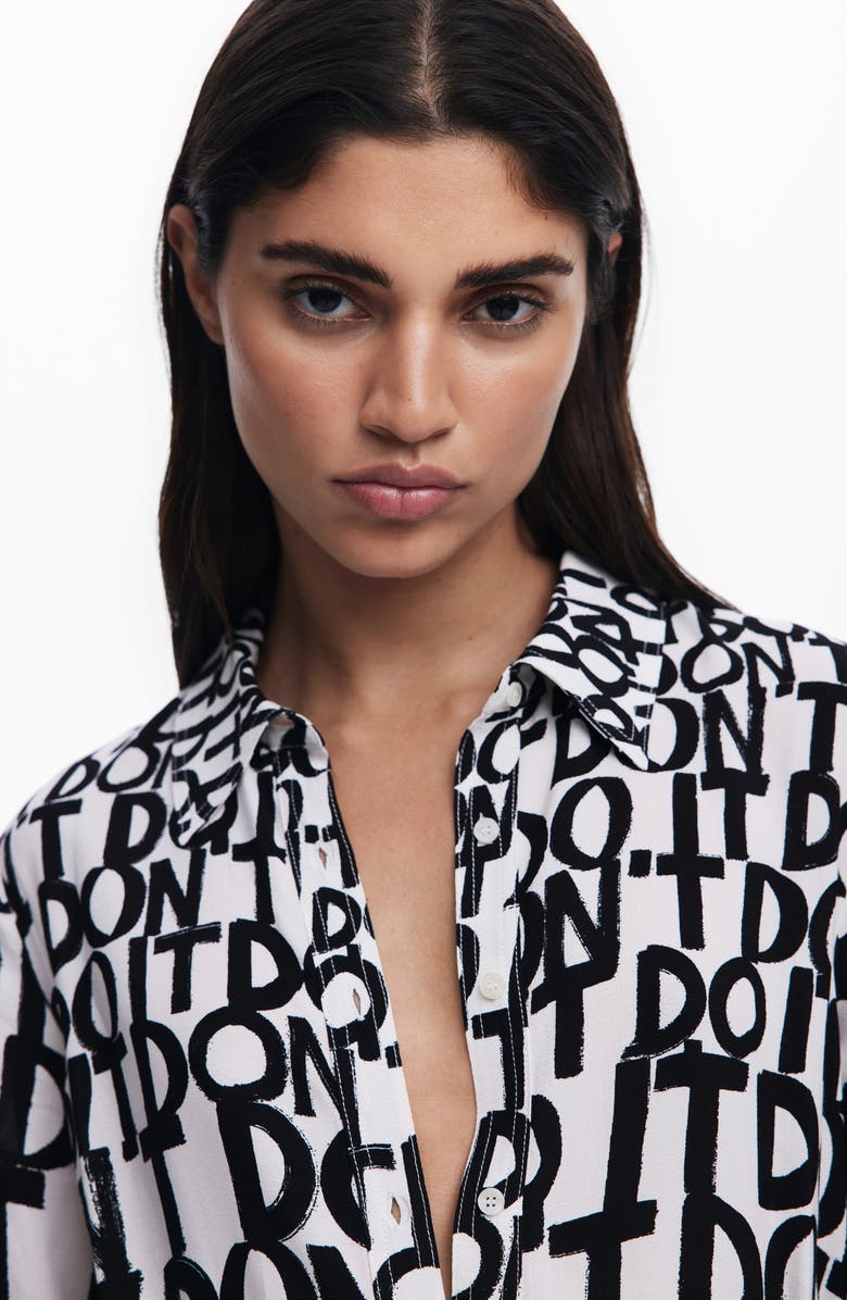 Desigual Print Tie Waist Maxi Shirtdress, Alternate, color, White/Black