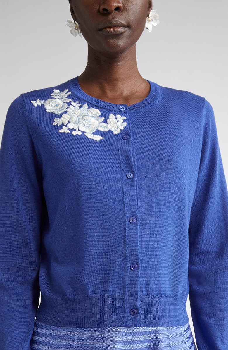 Carolina Herrera Floral Embroidered Silk & Cotton Cardigan, Alternate, color, Nautilus Multi