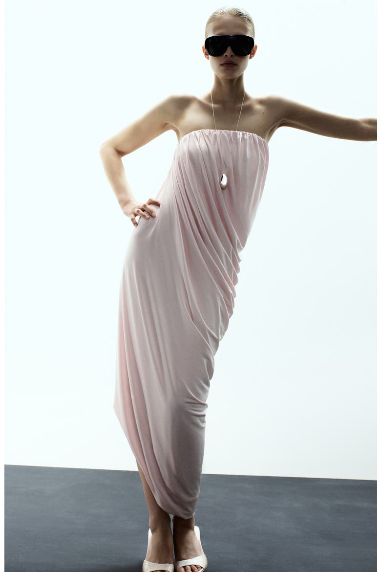 x Kaia Gerber Strapless Asymmetric Ruched Dress, Alternate, color, PASTEL PINK