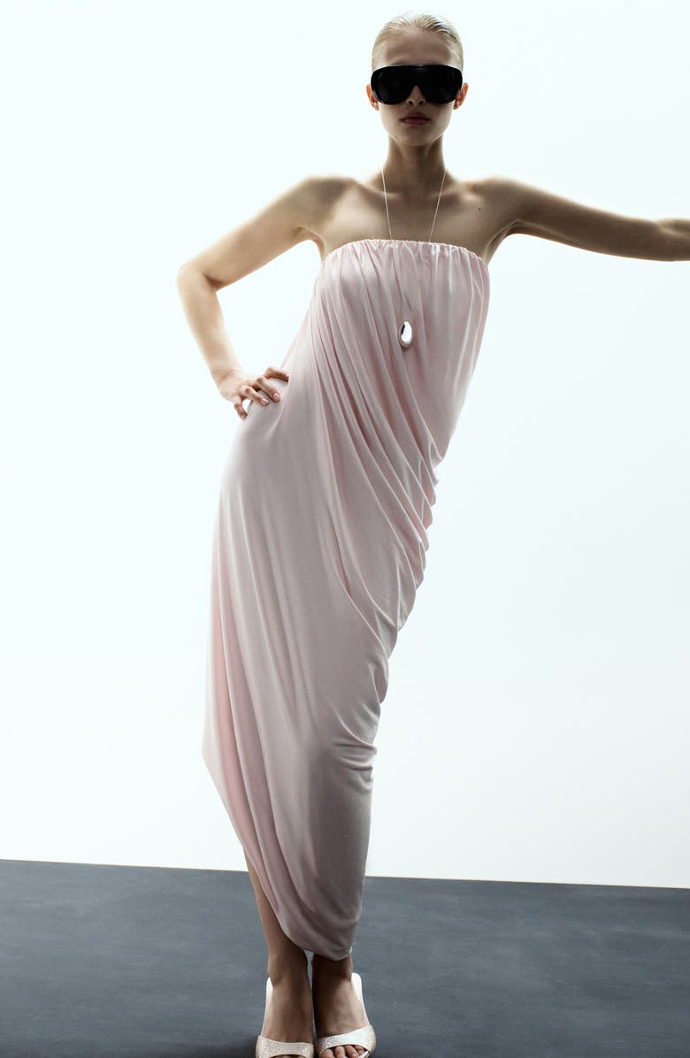 MANGO x Kaia Gerber Strapless Asymmetric Ruched Dress, Alternate, color, Pastel Pink