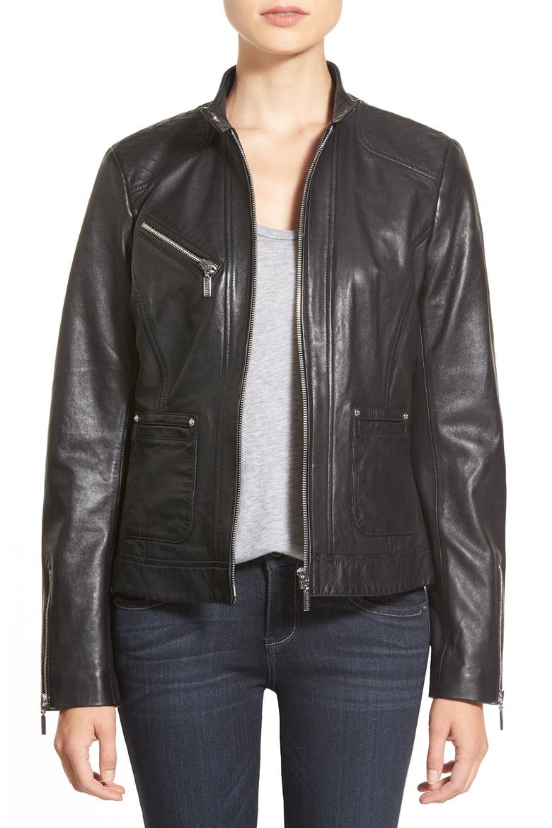 Zip Front Leather Jacket, Main, color, BLACK