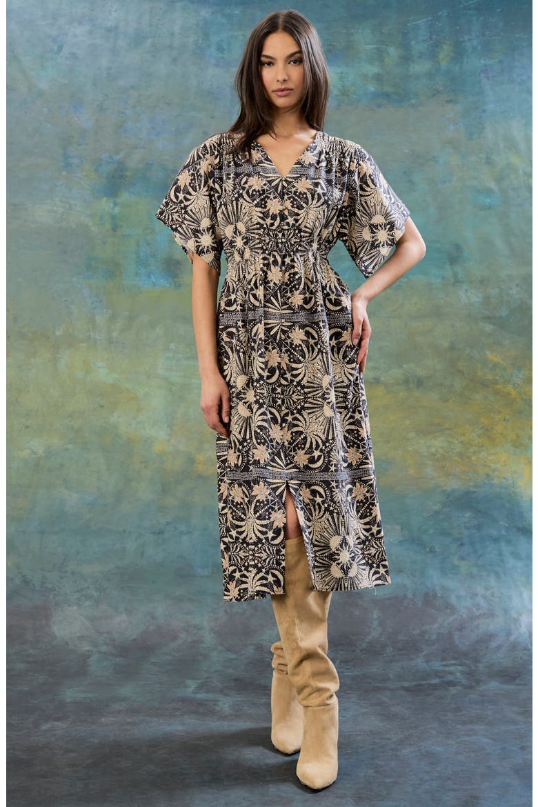 Floral Print Linen Blend Midi Dress, Alternate, color, BLACK/ TAN