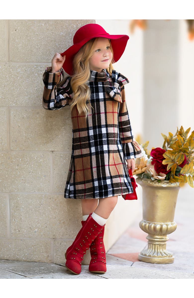 Mia Belle Girls Classic Plaid Long Sleeve Shift Dress, Alternate, color, Brown