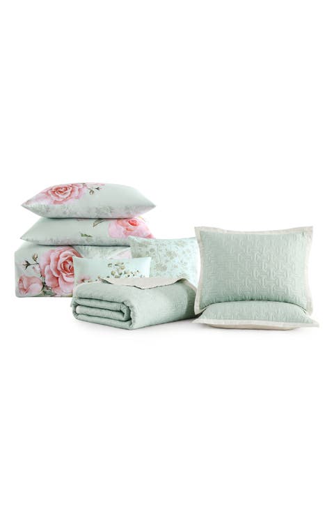 Rose On Misty Green 8-Piece Reversible Comforter Set