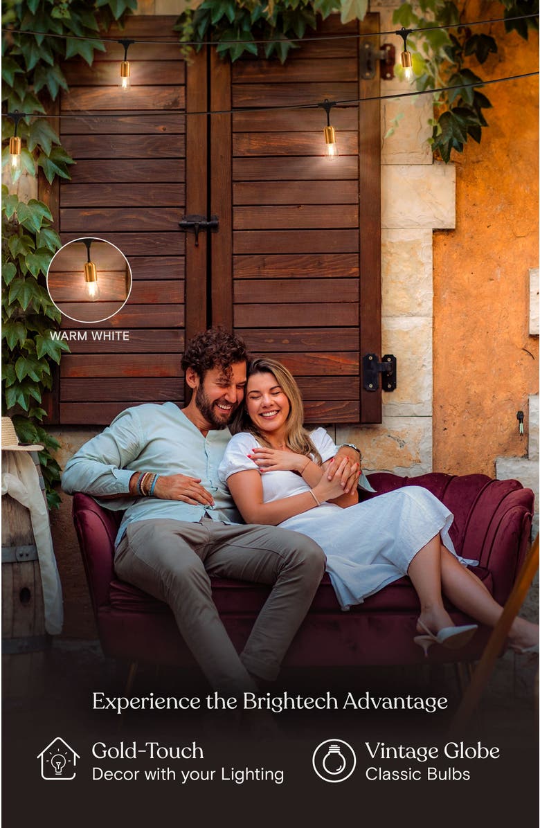 Brightech 48 ft, 15‑light Plug‑In Heavy Duty LED Outdoor String Lights, Gold Accent Brass Socket and Weatherproof Bulbs, Alternate, color, 48 Ft 15 Bulbs | Soft White