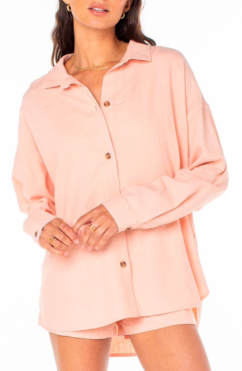 Roxy Morning Time Linen Blend Button-Up Shirt, Main, color, Rose Cloud Solid