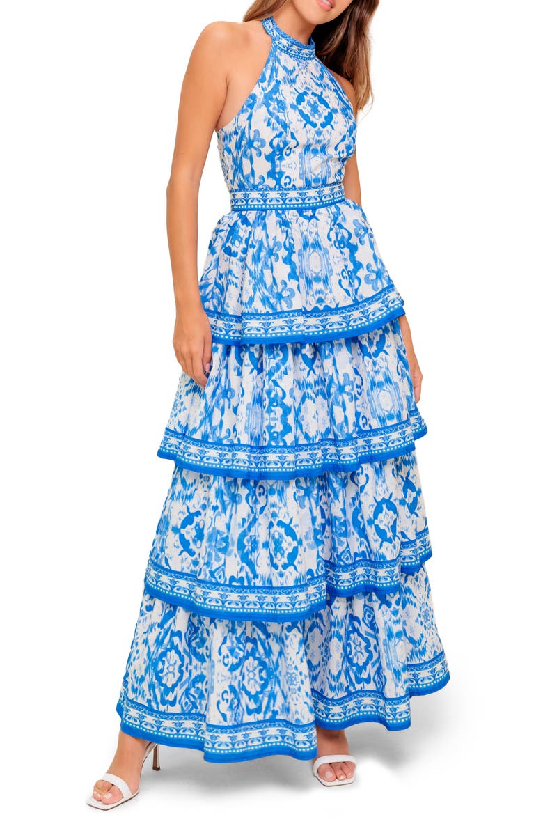 FLYING TOMATO Ikat Tiered Halter Maxi Dress, Main, color, Ivory Blue