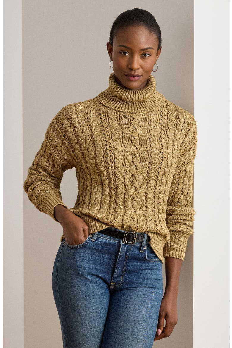 Metallic Turtlenrck Cable Knit Sweater, Alternate, color, RELIC GOLD METALLIC