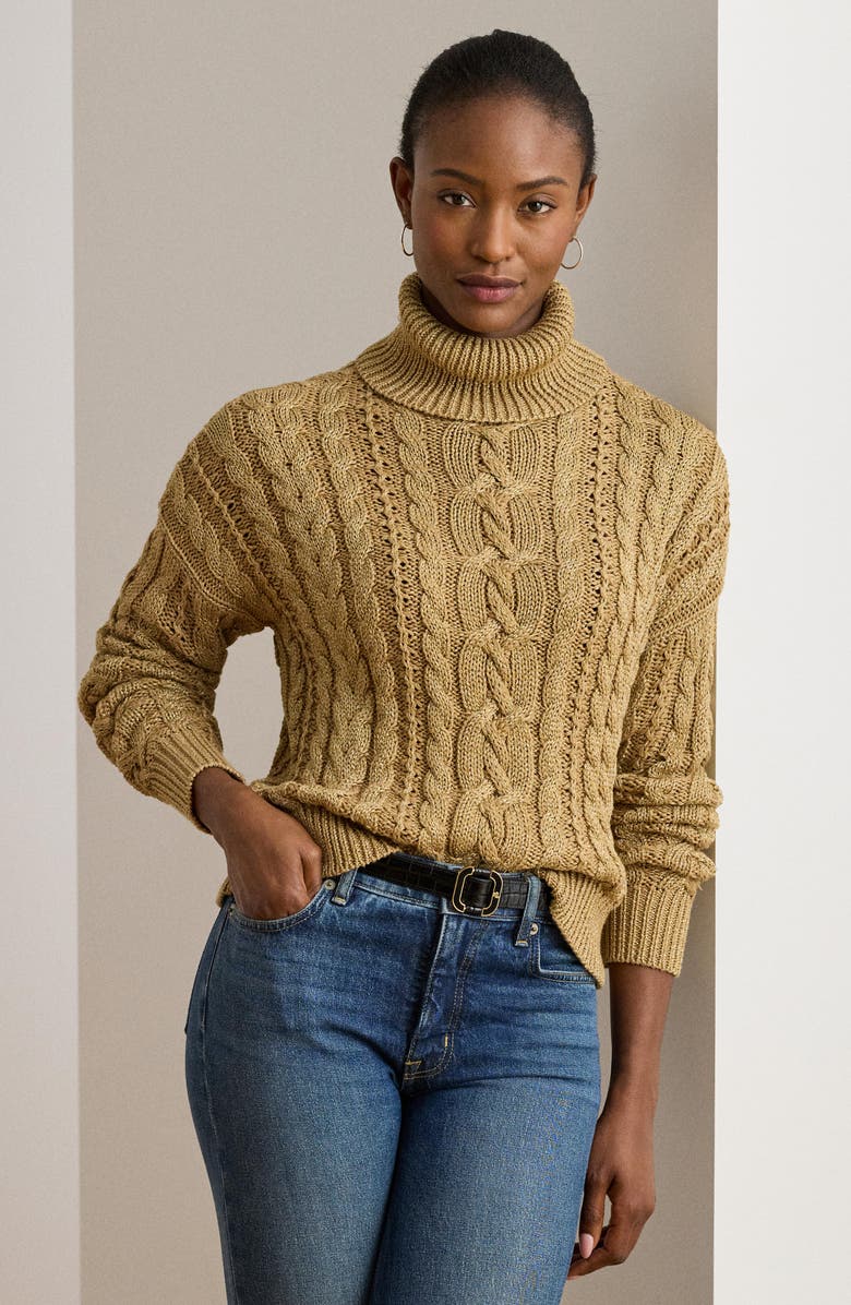 Lauren Ralph Lauren Metallic Turtlenrck Cable Knit Sweater, Alternate, color, Relic Gold Metallic