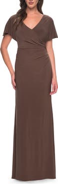 La Femme Chic Jersey Dress with V Neck and Loose Sleeves