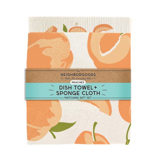 The Neighborgoods Peach Dish Towel + Sponge Cloth Gift Set In Orange