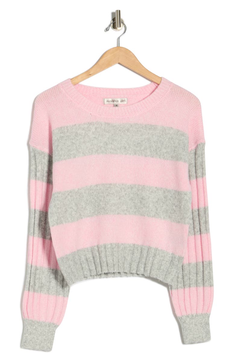 Madden Girl Stripe Crewneck Pullover Sweater, Alternate, color, Grey Heather Combo