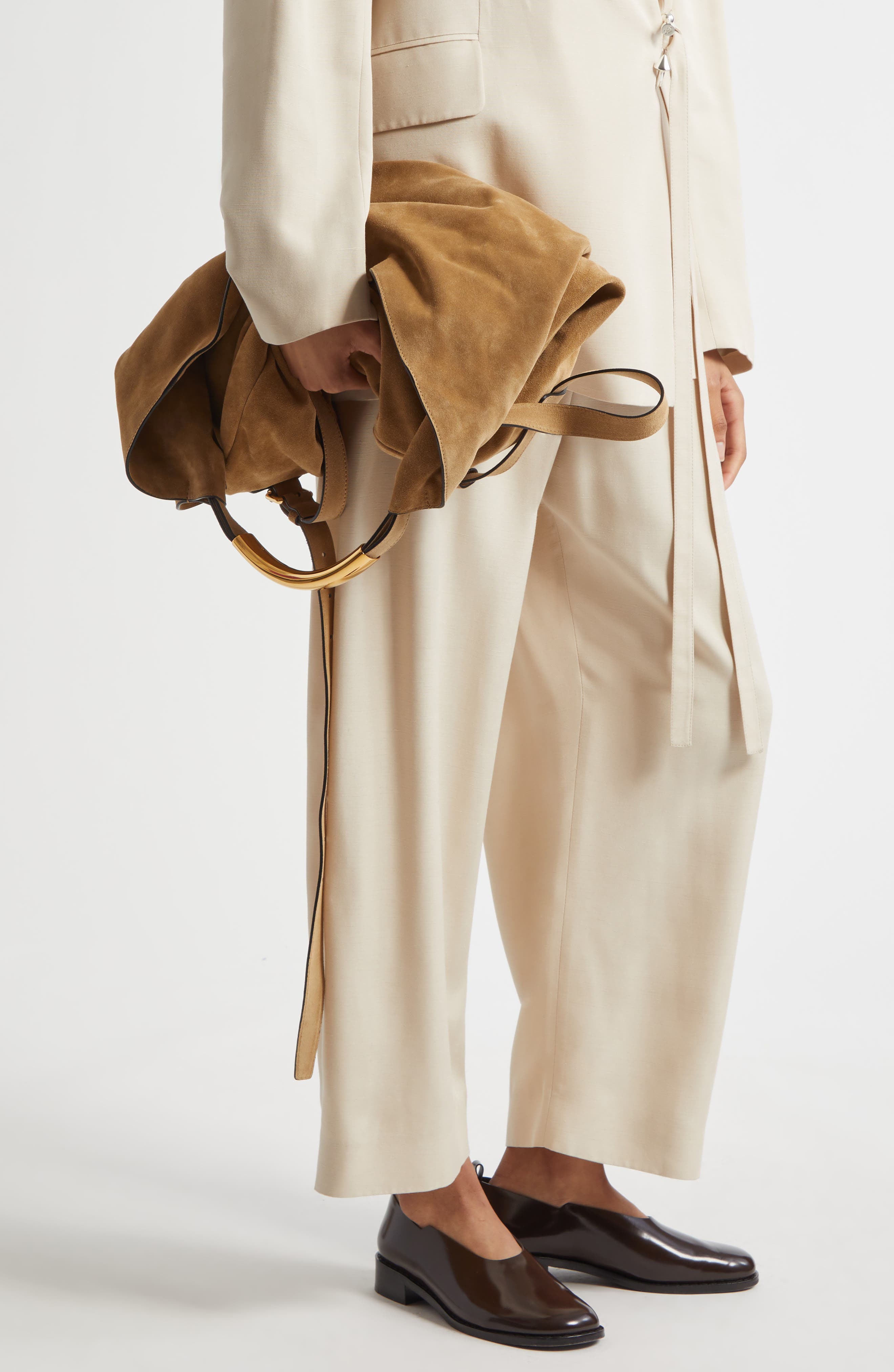 Moschino Handle Me Suede Hobo Bag, Alternate, color, Beige