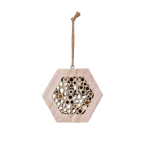 Paulownia Wood Hexagon Shaped Insect House with Jute Hanger, Natural