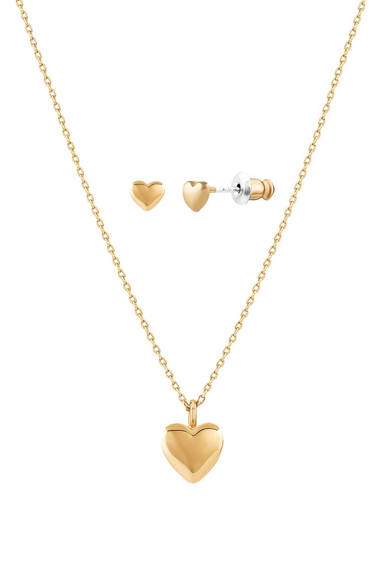 14k Gold Plated Puffed Heart Necklace & Stud Set Cute Trendy Everyday, Main, color, Gold