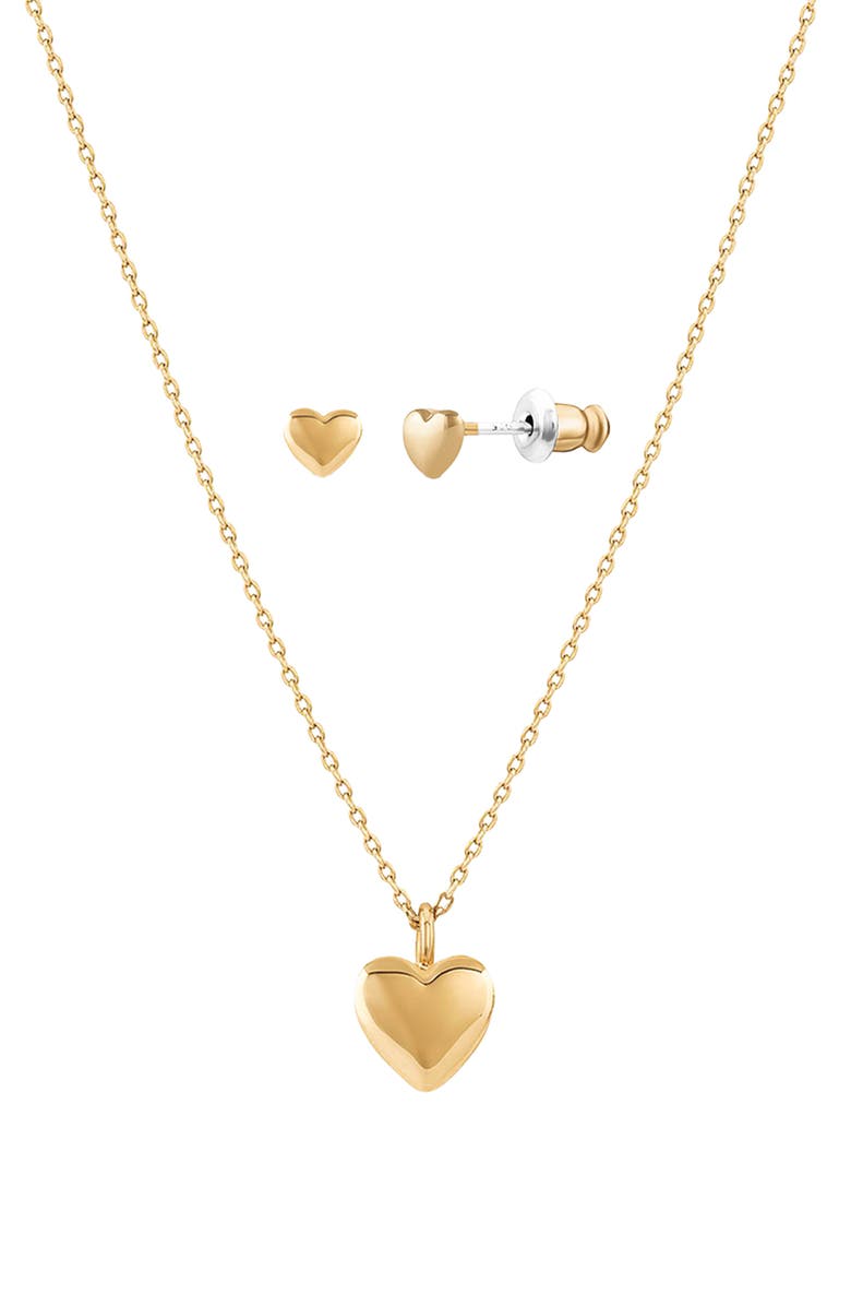Bearfruit Jewelry 14k Gold Plated Puffed Heart Necklace & Stud Set Holiday Gift Idea, Main, color, Gold