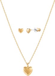 Bearfruit Jewelry 14k Gold Plated Puffed Heart Necklace & Stud Set Cute Trendy Everyday