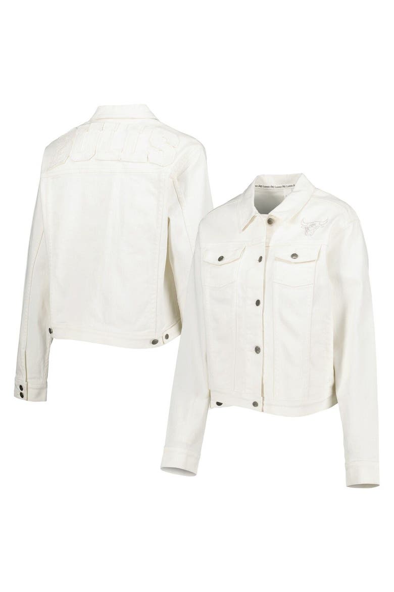 Women's Lusso White Chicago Bulls Swarovski Crystal & Distressed Button-Up Denim Jacket, Main, color, White