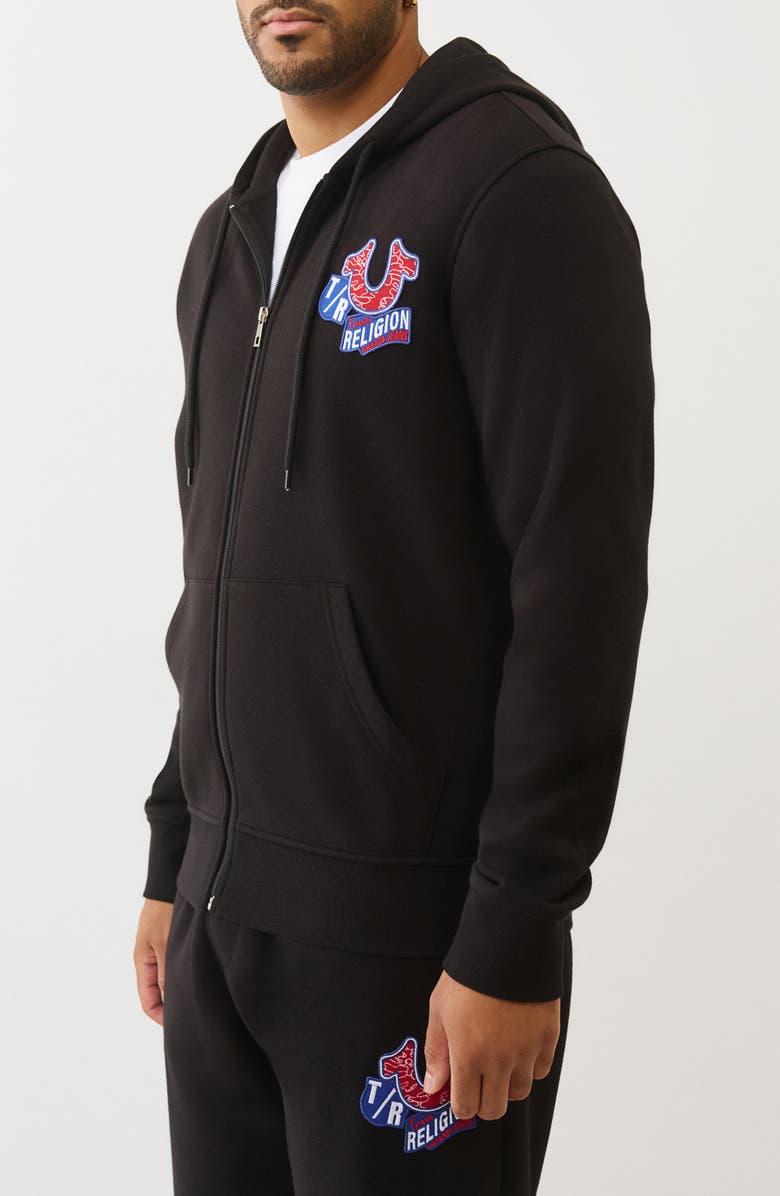 True Religion Embroidered Patch Zip Hoodie, Alternate, color, Jet Black