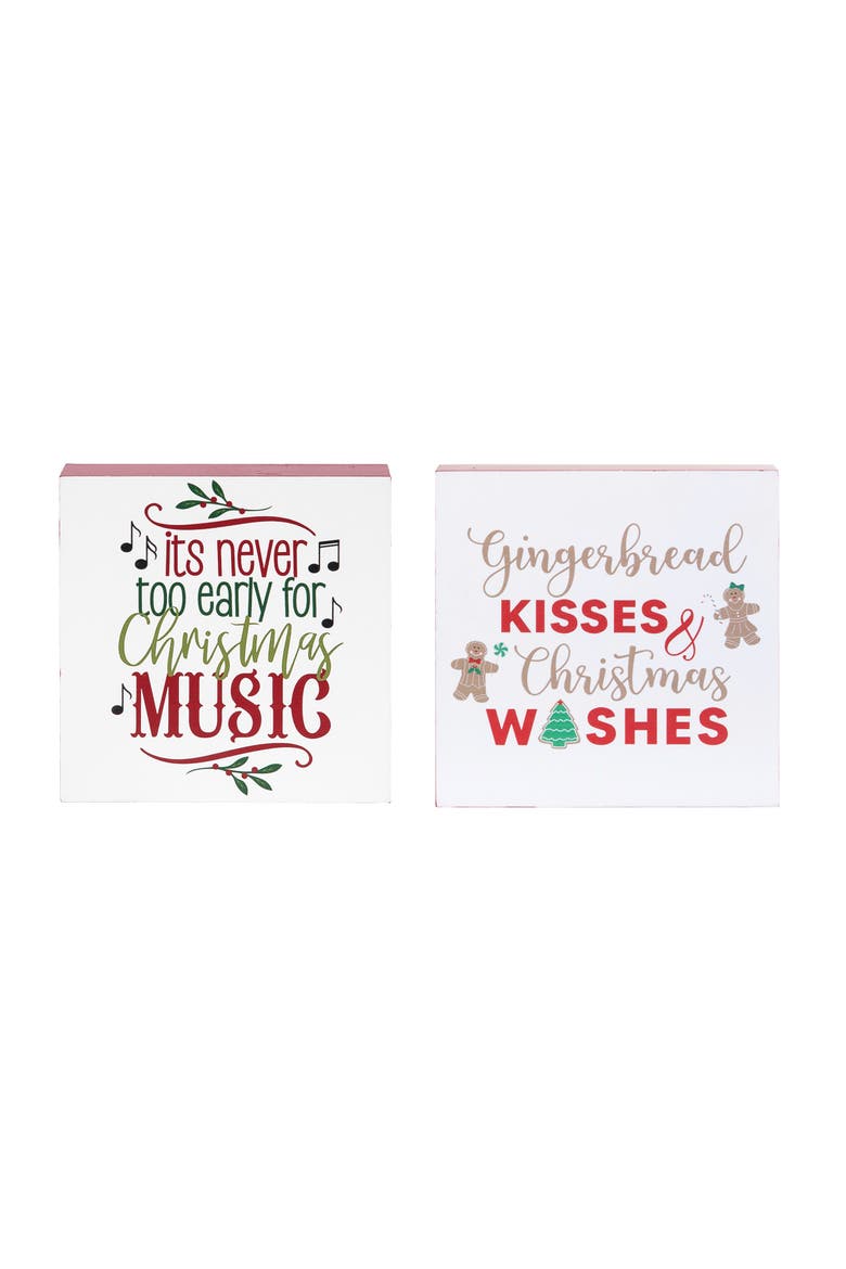 5" Christmas Music & Gingerbread Man Cute Humor Decorative Shelf Sitter Blocks Set of 2, Main, color, White