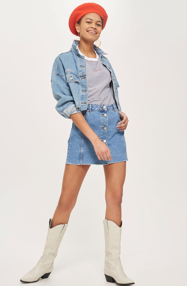 Topshop Button Denim Miniskirt, Alternate, color, 