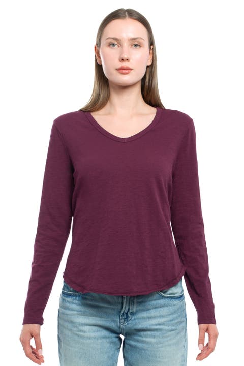 Long Sleeve V-Neck With Raw Hem Shirttail