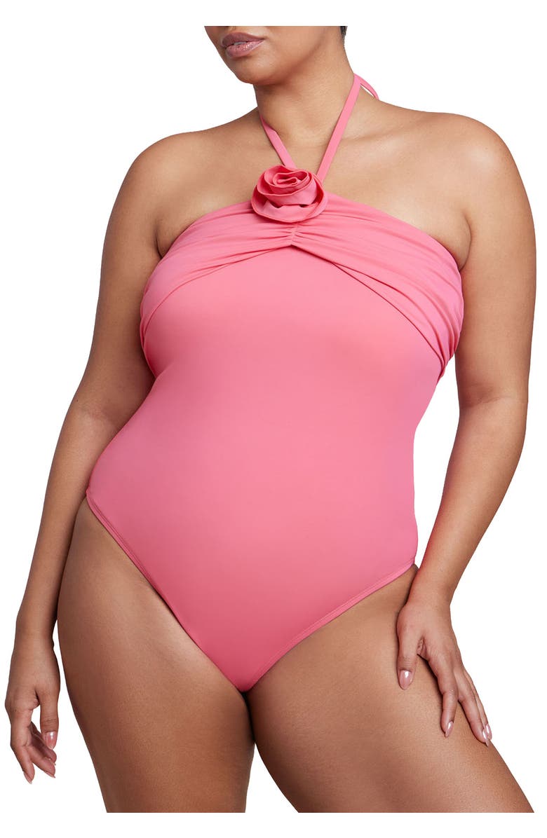 ELOQUII Rosette Halter One Piece, Main, color, Honeysuckle