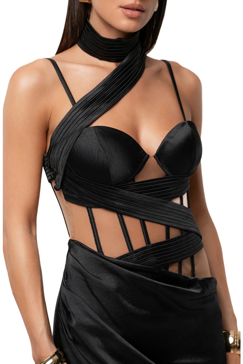 Golden Hour Corset Satin Maxi Cocktail Dress, Alternate, color, BLACK