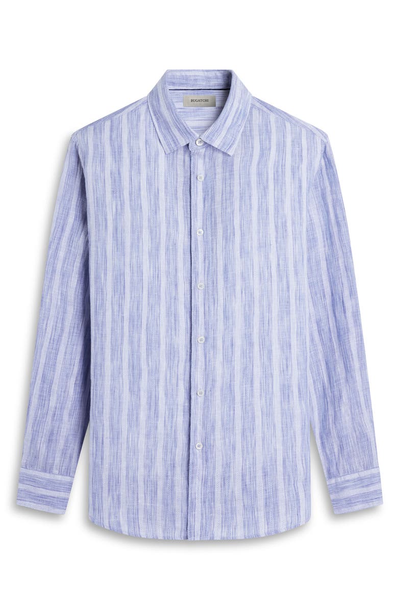 Bugatchi Julian Shaped Fit Stripe Linen Button-Up Shirt, Alternate, color, Classic Blue