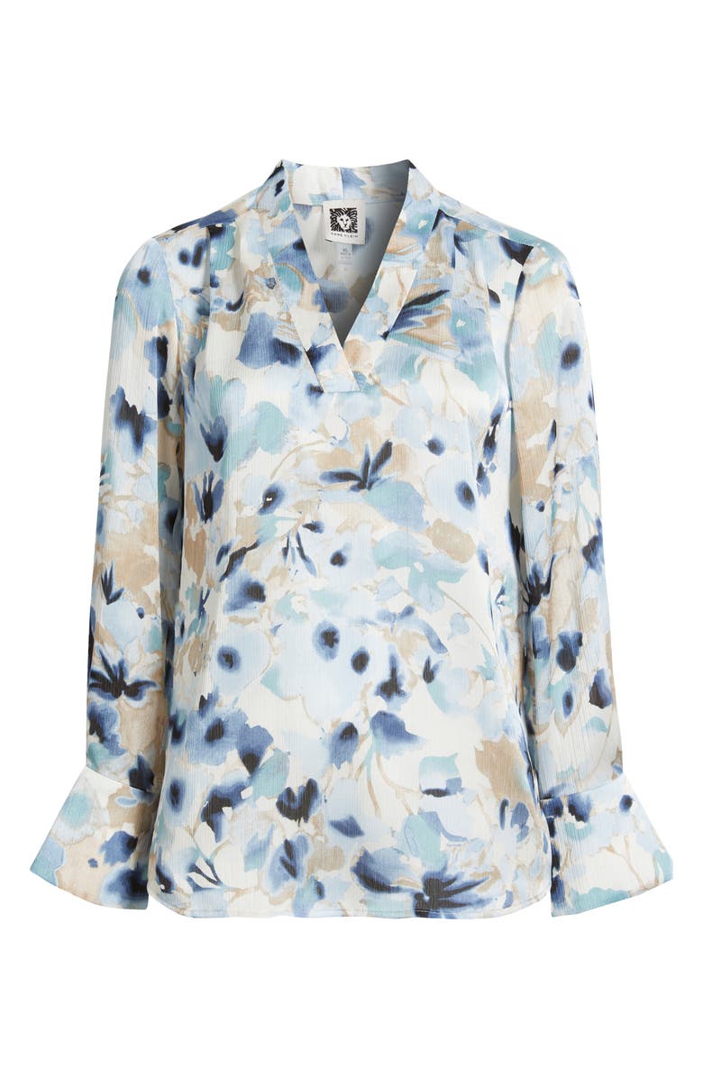 Anne Klein Blurred Floral Pleat Front V-Neck Top, Alternate, color, White Dove Multi