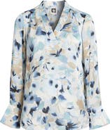 Anne Klein Blurred Floral Pleat Front V-Neck Top