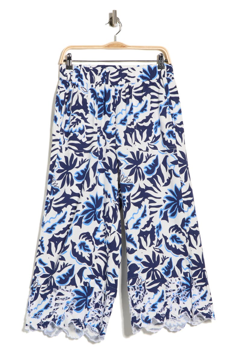 Embroidered Eyelet Hem Wide Leg Pull-On Pants, Alternate, color, PAISLEY NAVY 331-3 PRINT