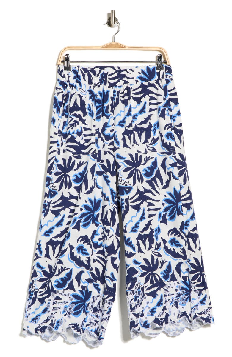 Nicole Miller Embroidered Eyelet Hem Wide Leg Pull-On Pants, Main, color, Paisley Navy 331-3 Print