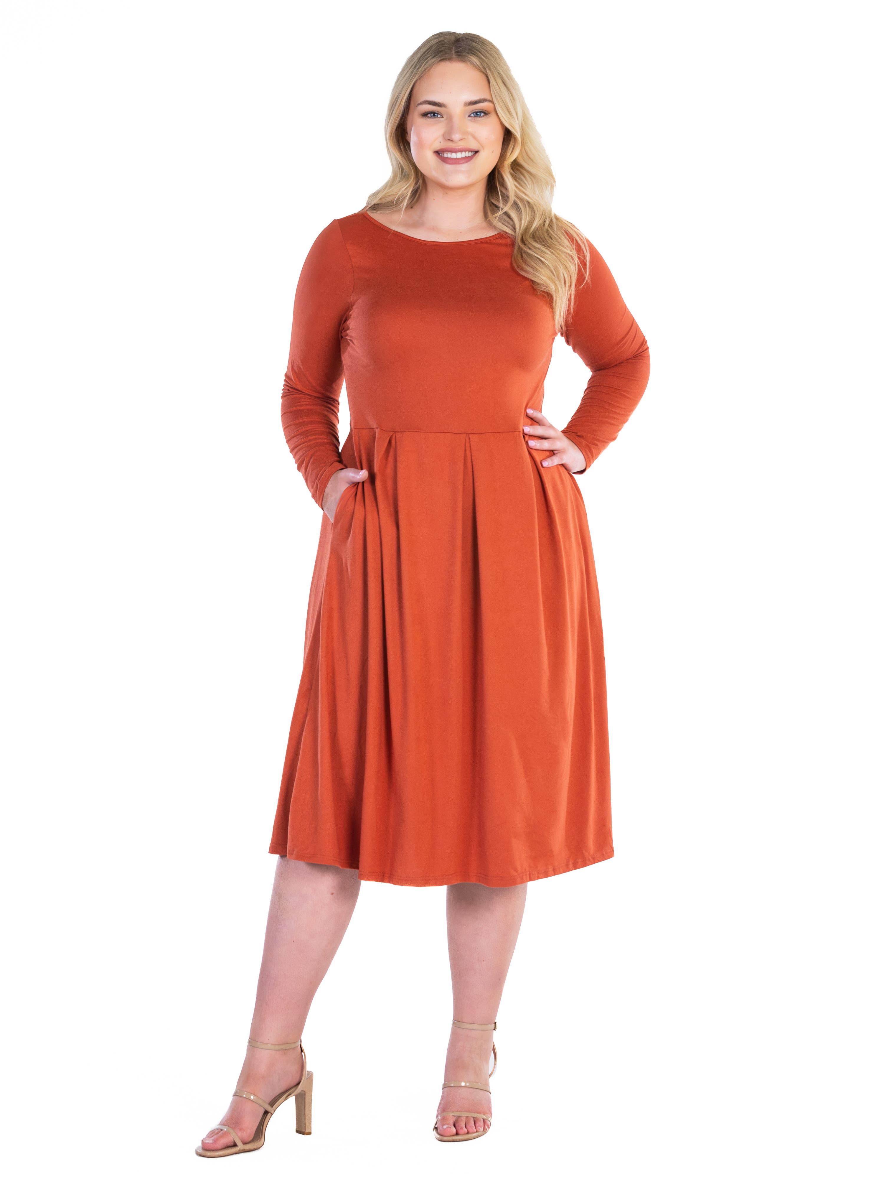 24seven Comfort Apparel Long Sleeve Fit And Flare Midi Dress In Brown