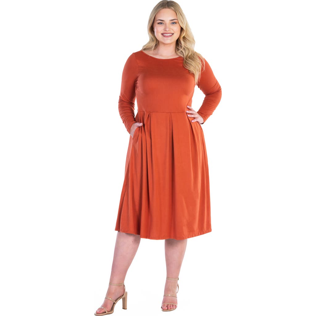 24seven Comfort Apparel Long Sleeve Fit And Flare Midi Dress In Brown