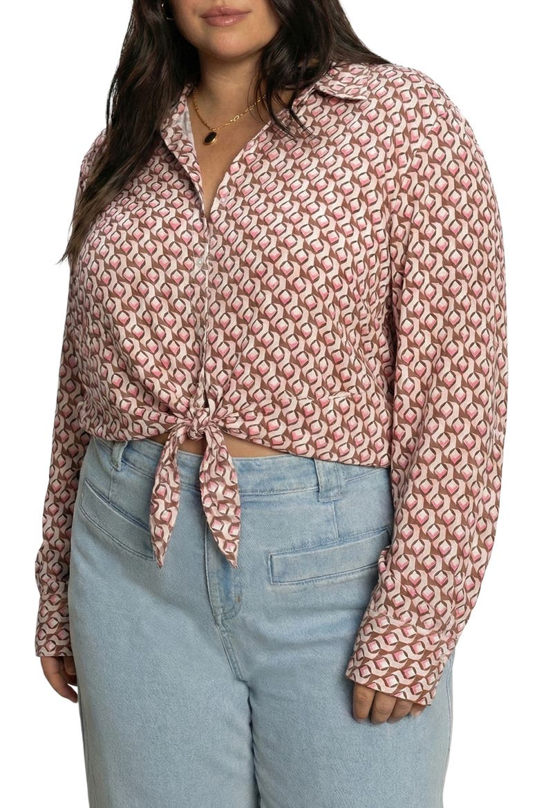 Lover Print Tie Hem Crop Sateen Shirt, Alternate, color, PETAL GRID PINK