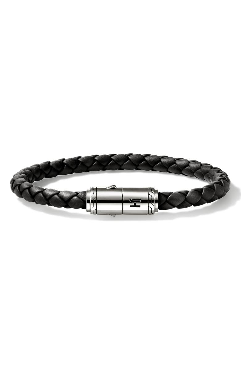 John Hardy Woven Leather Bracelet, Main, color, Silver/ Black