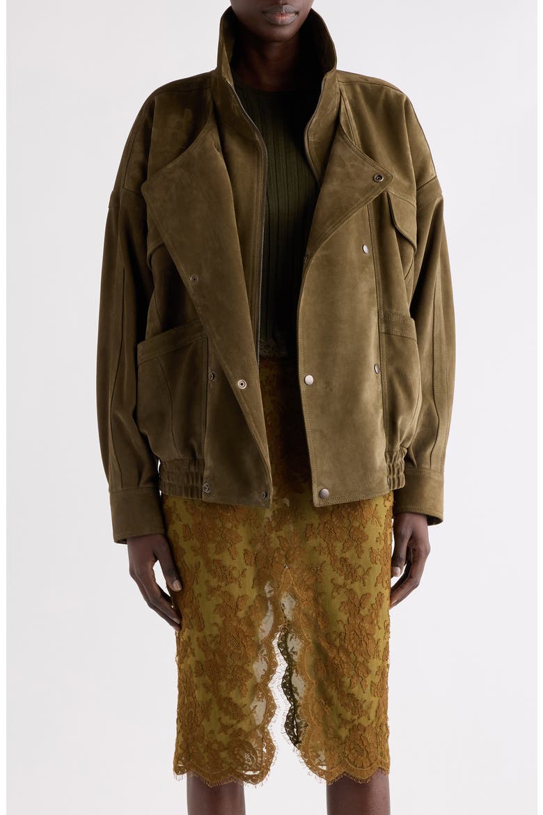 Double Collar Leather Jacket, Main, color, VERT ALGUE