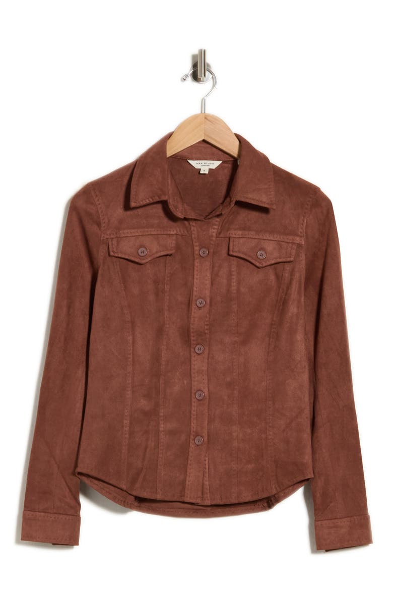 Faux Suede Button Front Shirt, Main, color, AUBURN