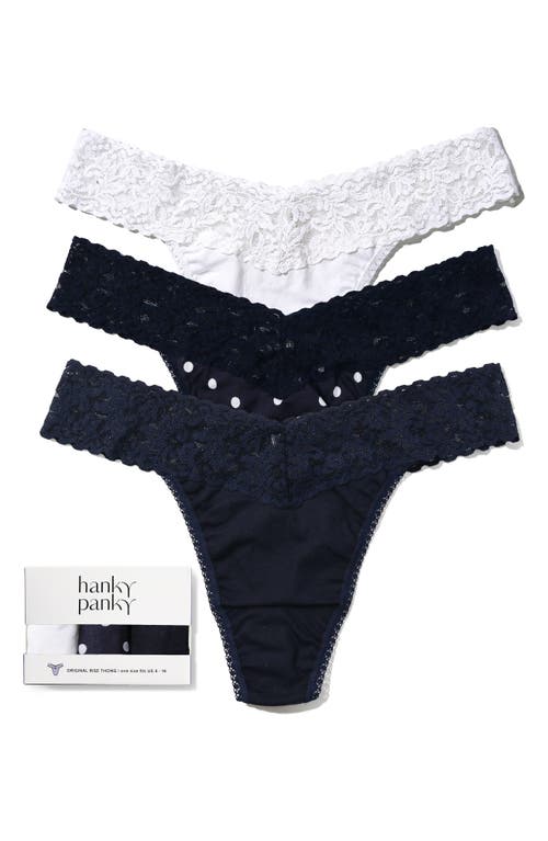 Hanky Panky Supima® Cotton & Lace Assorted 3-pack Original Rise Thongs In Multi