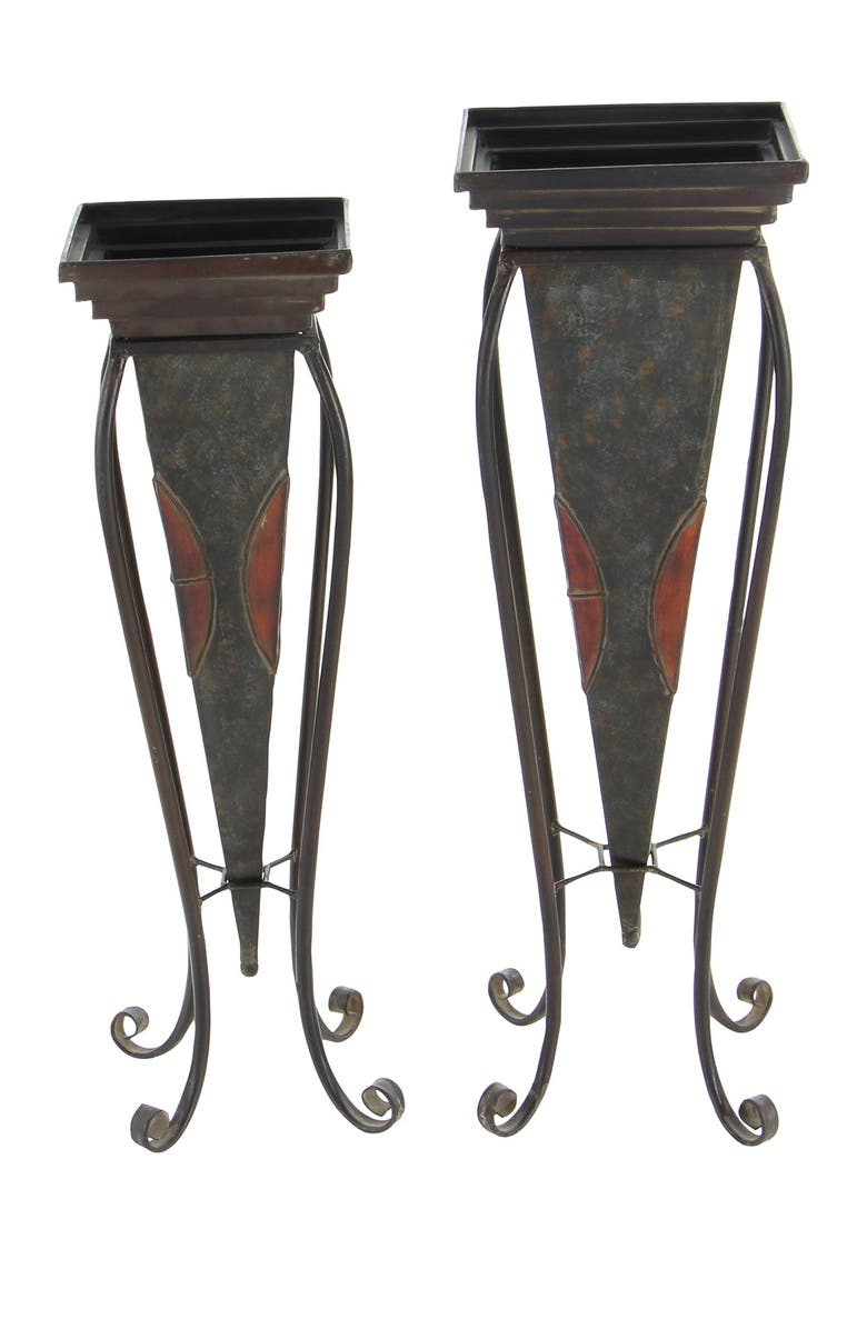 WILLOW ROW Brown Metal Indoor & Outdoor Planter with Scroll Stand - Set of 2, Alternate, color,