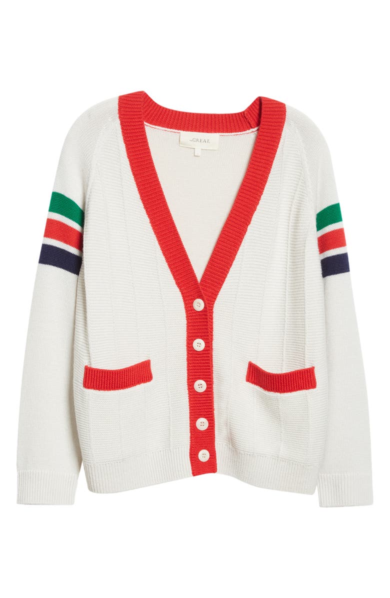 THE GREAT. Varsity V-Neck Button-Up Cashmere Cardigan, Alternate, color, 