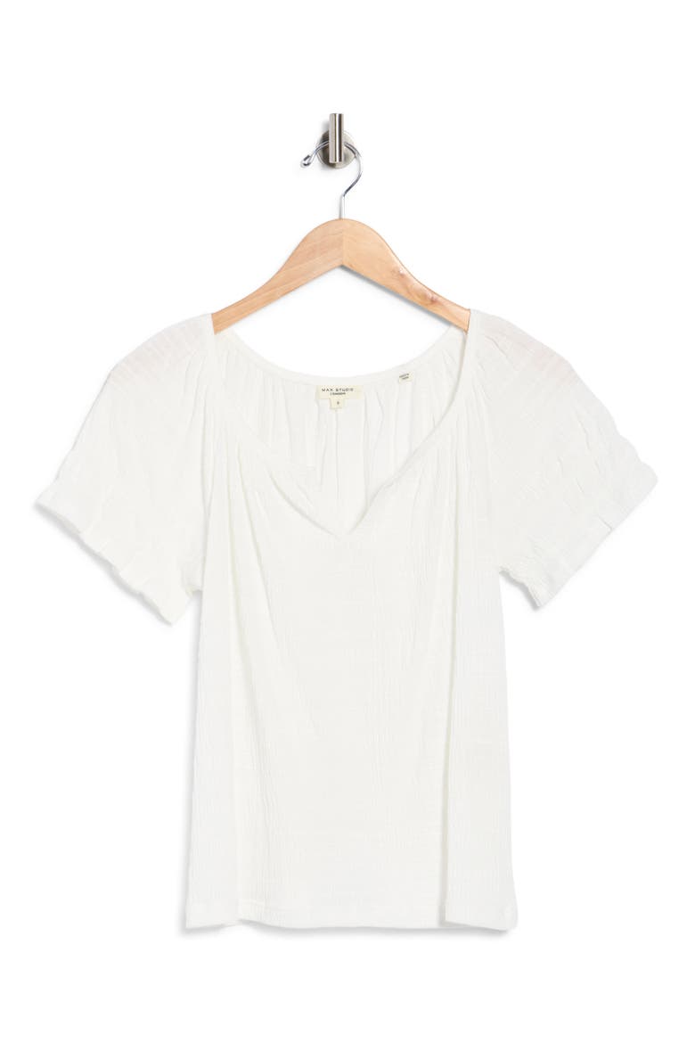 Topstitched Puff Sleeve Crepe Top, Alternate, color, WHITE