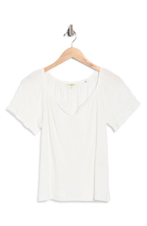 Topstitched Puff Sleeve Crepe Top