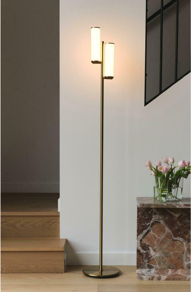 Brightech Gemini 64" Industrial LED Standing Floor Lamp with Glass Cylinder Shades, 3-Way Dimming, Alternate, color, Antique Brass