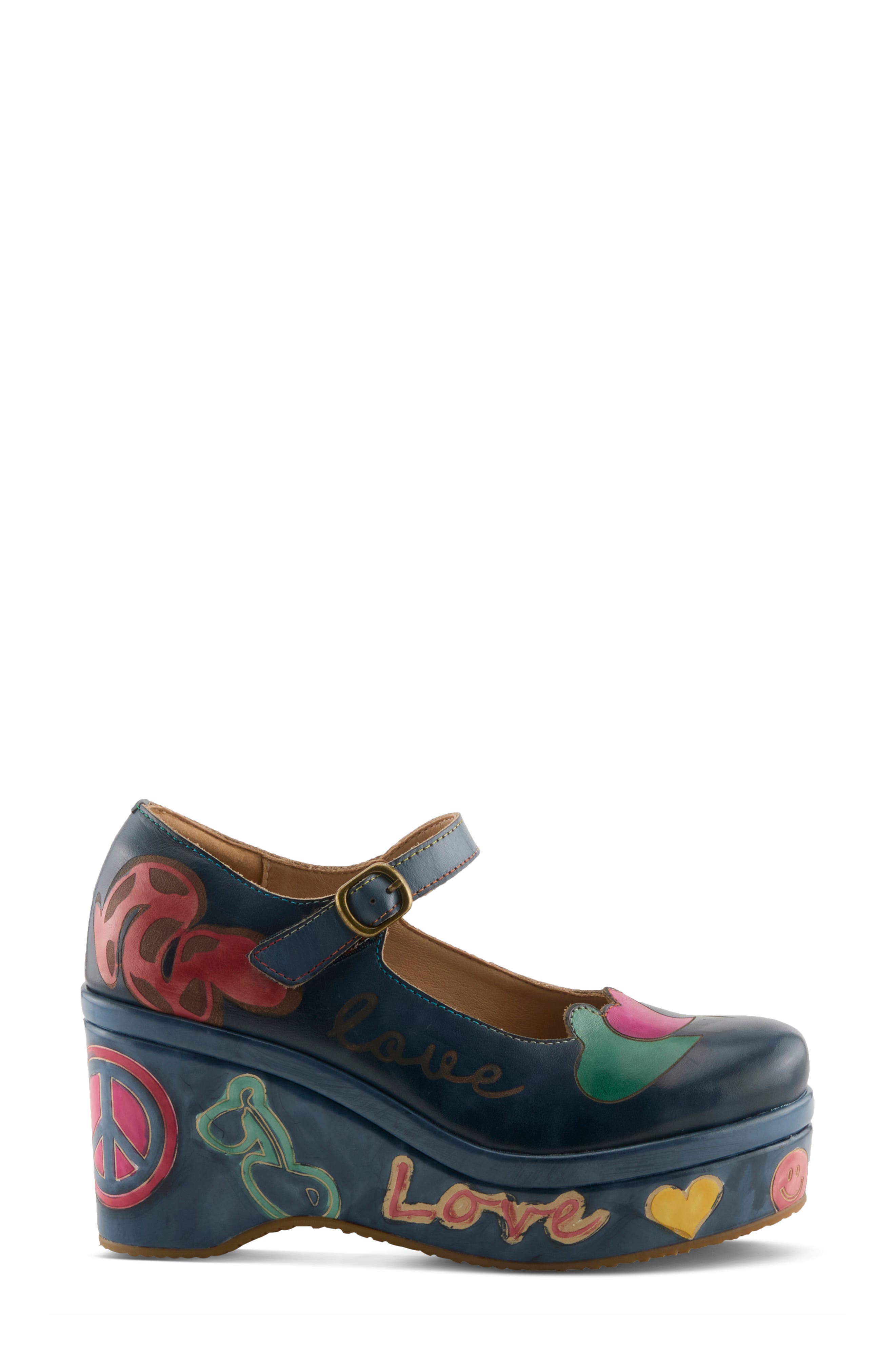 Peacenluv Mary Jane Wedge Pump, Alternate, color, NAVY MULTI