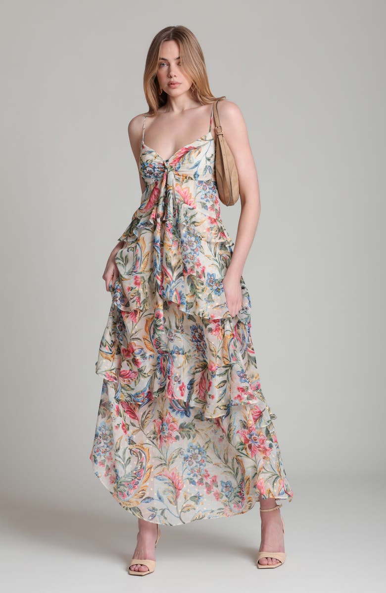 Avec Les Filles Tie Front Ruffle Maxi Dress, Alternate, color, Antoinette Damask