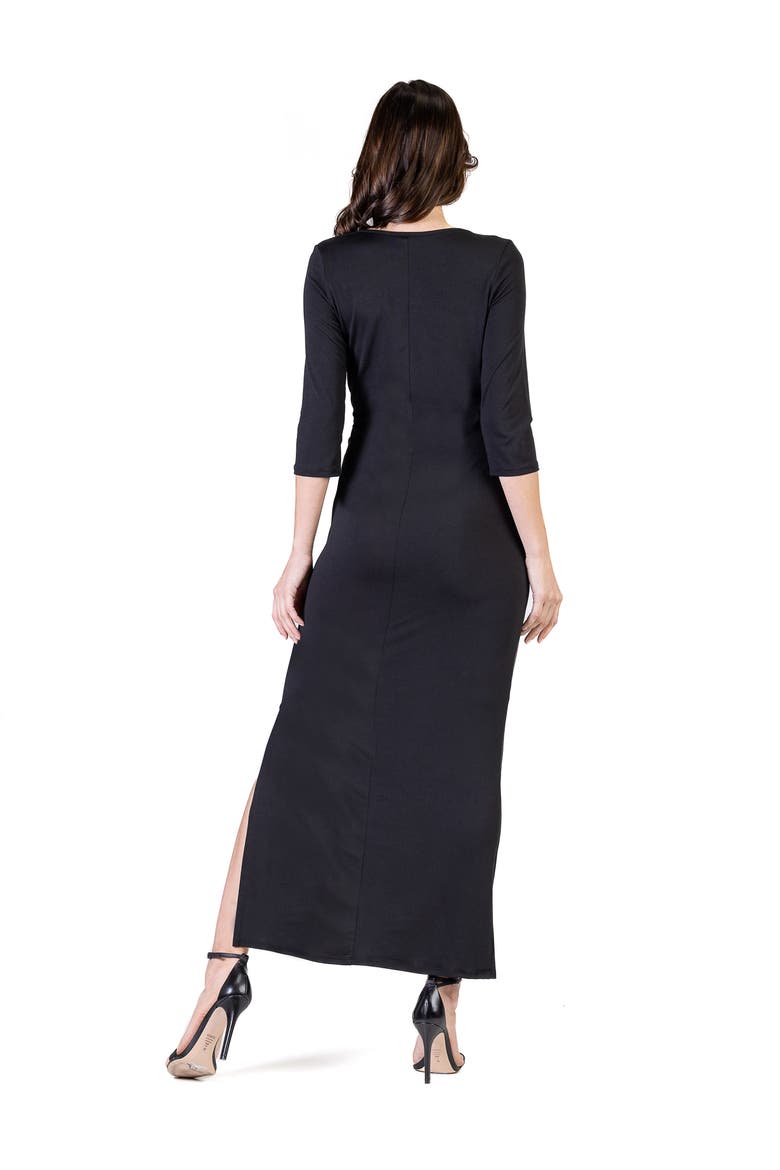 Petite Fitted V Neck Side Slit Maxi Dress, Alternate, color, Black